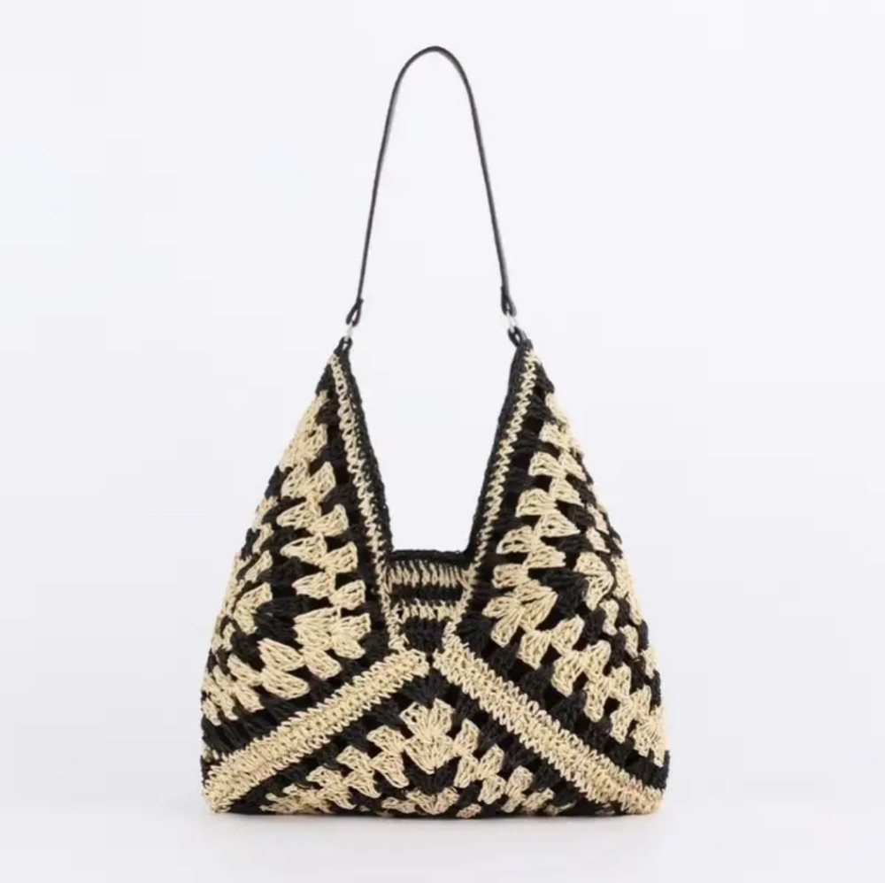Black & Natural Crochet Hobo Shoulder Bag